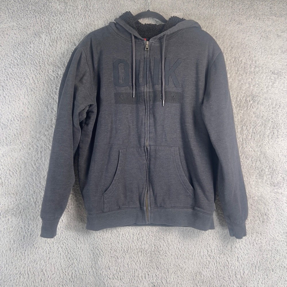 Quiksilver Mens Sherpa Lined Full Zip Hoodie Charcoal Grey Spellout Logo Large